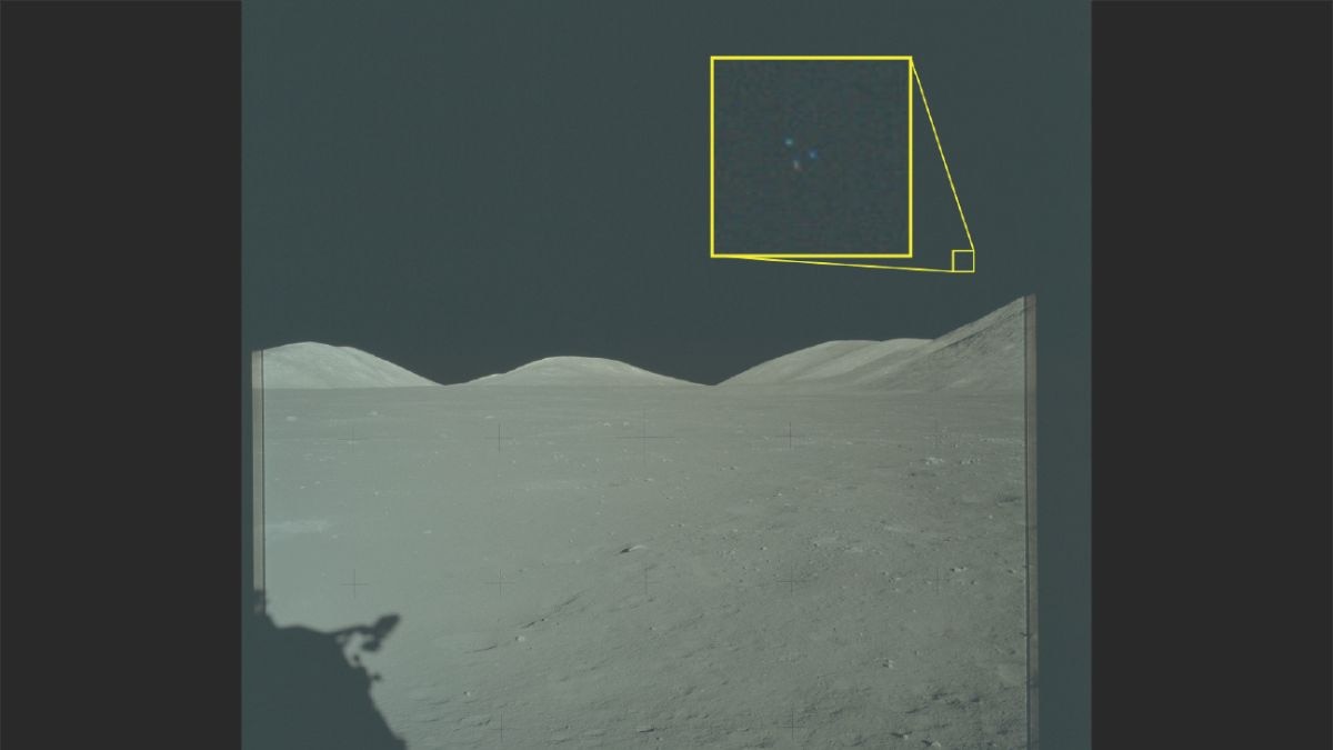 Archival imagery from Nasa's Apollo 17 lunar mission, with the highlighted section revealing three unexplained lights visible above the surface of the Moon. (Photo: US Department of War/NASA)
