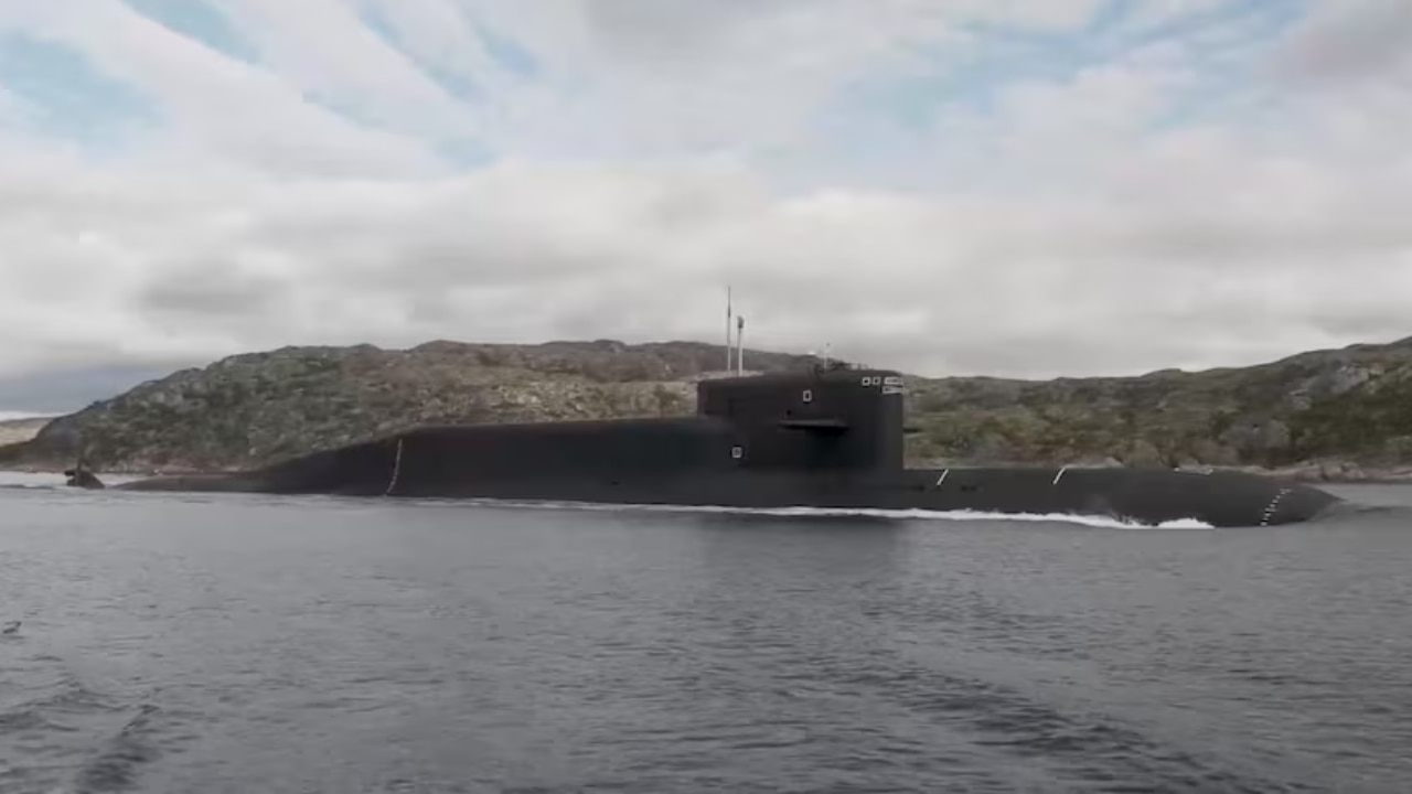 A Russian nuclear submarine takes part in a nuclear forces exercise at an unidentified location in Russia.