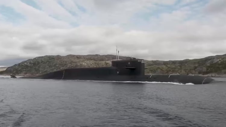 A Russian nuclear submarine takes part in a nuclear forces exercise at an unidentified location in Russia.