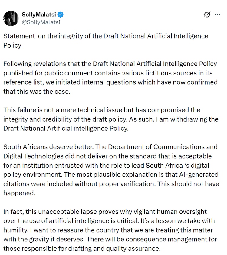 South Africa scraps its debut AI policy after it was found written by AI 2 screencapture x sollymalatsi status 2048431434176553216 2026 05 01 06 53 19.png?VersionId=kQoiavMHuTiuNSInTajCElLPZ