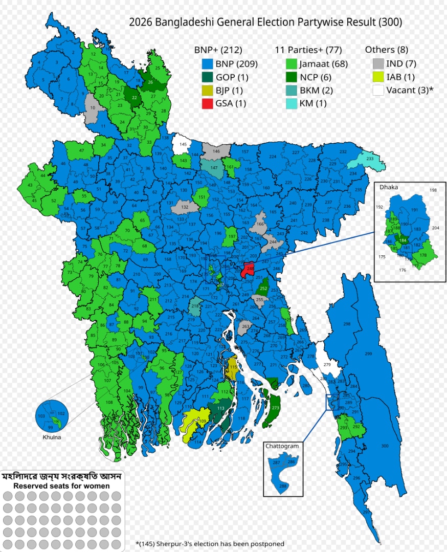 The map of the parliamentary seats of Bangladesh after the February polls. Green denotes the seats won by Jamaat.