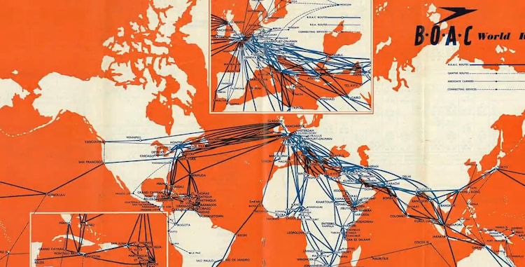 The 1959 route map, taken from a BOAC timetable, shows flights to the Indian destinations of Delhi, Calcutta and Bombay.