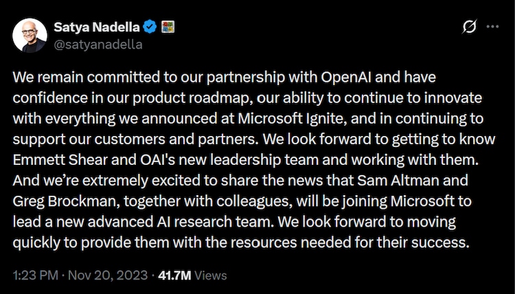 Post of Satya Nadella from 2023