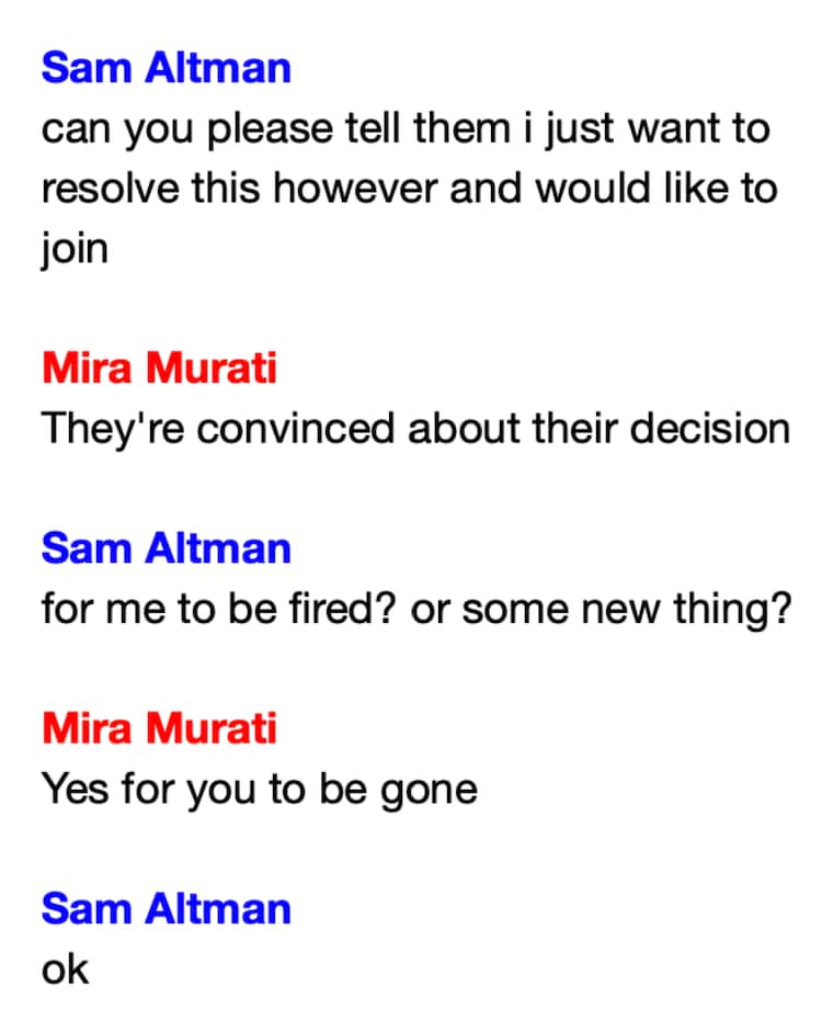 Sam Altman texts Mira Murati November 19, 2023