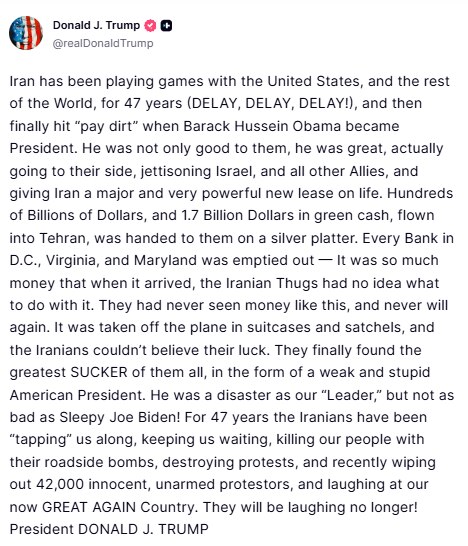 A screengrab of Donald Trumpâs post on Truth Social.