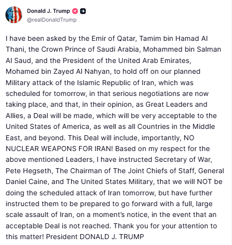 A screengrab of Trumpâs post on Truth Social.