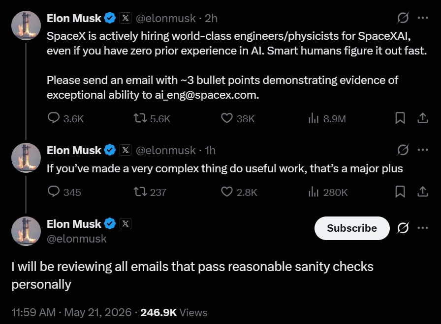 Elon Musk hiring for Space X