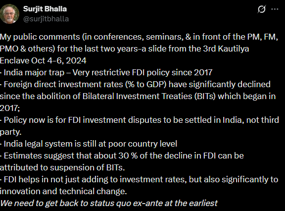 Surjit Bhalla claims of abolition of Bilateral Investment Treaties (BITs) 2017 onwards led to a decline in Foreign Direct Investment. (Image: X/@surjitbhalla)