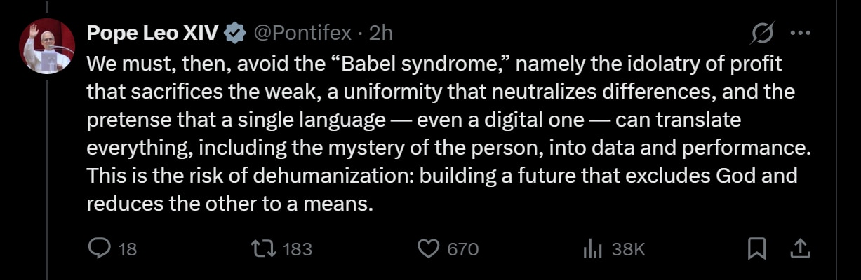 Pope Leo post on X