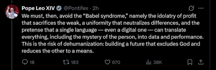 Pope Leo post on X
