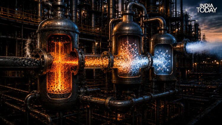Inside a gasifier, coal does not burn but breaks apart chemically under extreme heat and pressure, producing syngas, a mix of carbon monoxide and hydrogen used to make fuels, fertilisers and chemicals. (Image: India Today Digital)