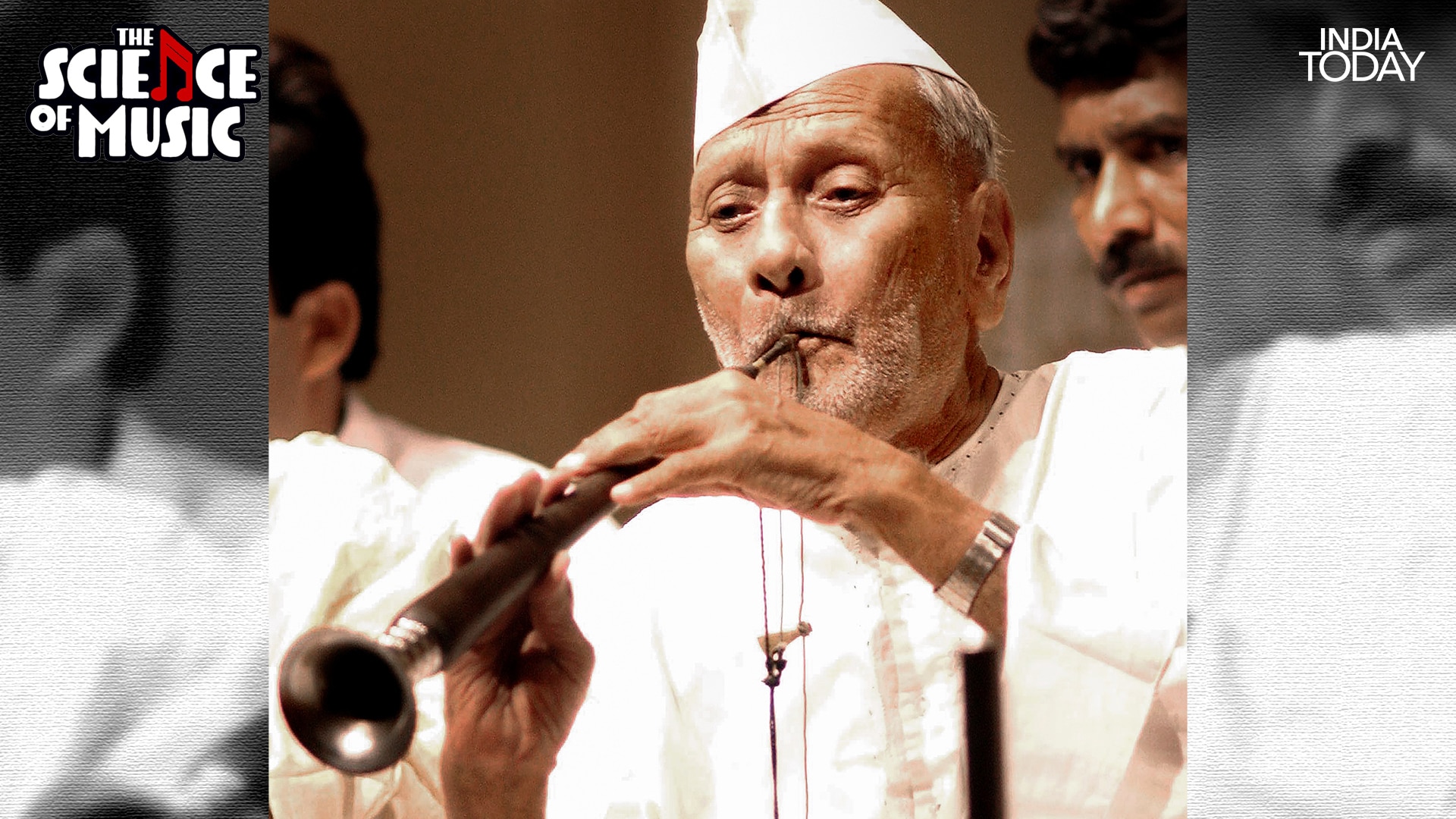Ustad Bismillah Khan with the shehnai pressed to his lips, captured in a moment of pure absorption. He practised eight to ten hours a day as a young student at the Naubat Khana of the Balaji temple in Varanasi, and continued practising twice a day, two hours at a time, until the last days of his life. (Photo: PTI)