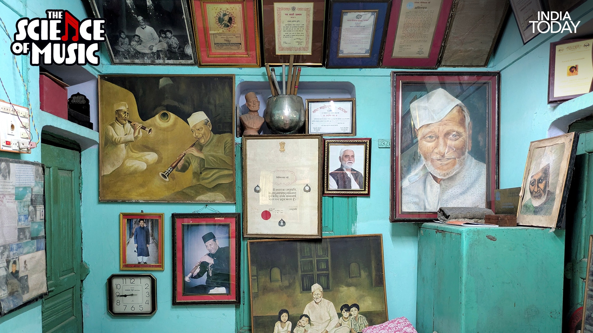A wall in Ustad Bismillah Khan's Varanasi home, lined with portraits, certificates, and citations from across his lifetime, including the Bharat Ratna citation at the centre. The painting on the left shows him performing in profile, the very image of a man who lived for the instrument he played. (Photo: PTI)