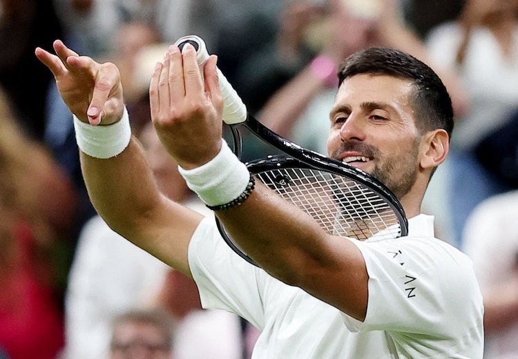 Djokovic celebrates winning the opening round at Wimbledon. (Image: Reuters)