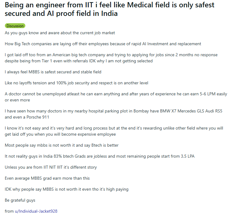 MBBS vs BTech, doctor versus engineer, IITian layoff, doctor vs engineer debate, AI jobs, medical careers, engineering careers, Reddit viral post, job security, doctor salary, tech layoffs