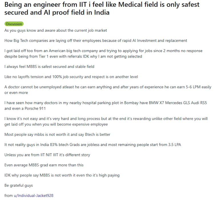 MBBS vs BTech, doctor versus engineer, IITian layoff, doctor vs engineer debate, AI jobs, medical careers, engineering careers, Reddit viral post, job security, doctor salary, tech layoffs