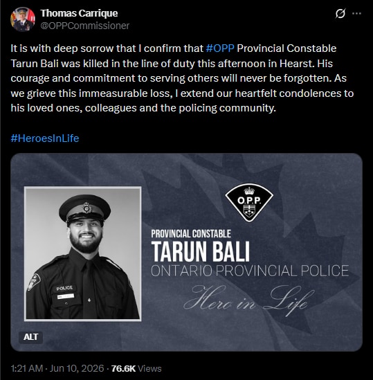 Ontario Police Commissioner Thomas Carrique condoled police officer Tarun Bali's death on a post on X. (Image: X/@OPPCommissioner)