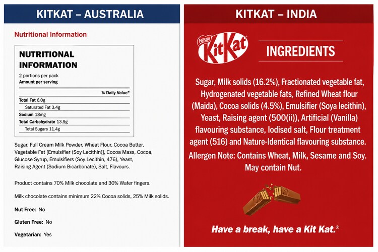 Comparison of KitKat ingredient and nutritional labels in Australia and India, highlighting differences in composition and labelling.