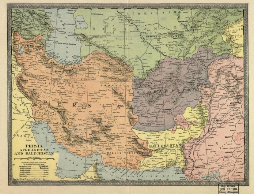 A 1904 map by The Americana Company depicts Persia, Afghanistan and Balochistan as separate territories. (Source: Library of Congress)