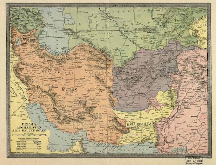 A 1904 map by The Americana Company depicts Persia, Afghanistan and Balochistan as separate territories. (Source: Library of Congress)