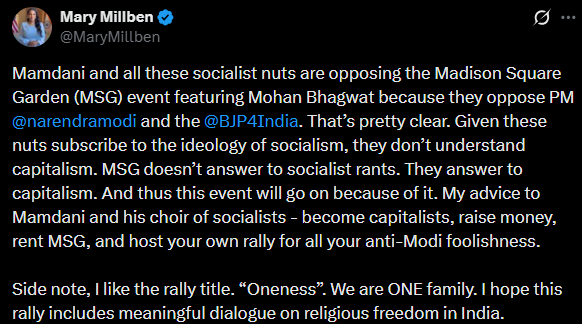 Mary Milben Zohran Mamdani Mohan Bhagwat RSS
