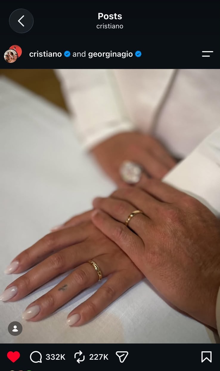 Ronaldo shared a picture of their wedding bands online. (Photo: Instagram/cristiano)