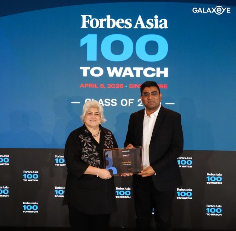 Suyash Singh receiving the Forbes Asia 100 to Watch 2025 recognition in France (Photo: LinkedIn/GalaxEye)