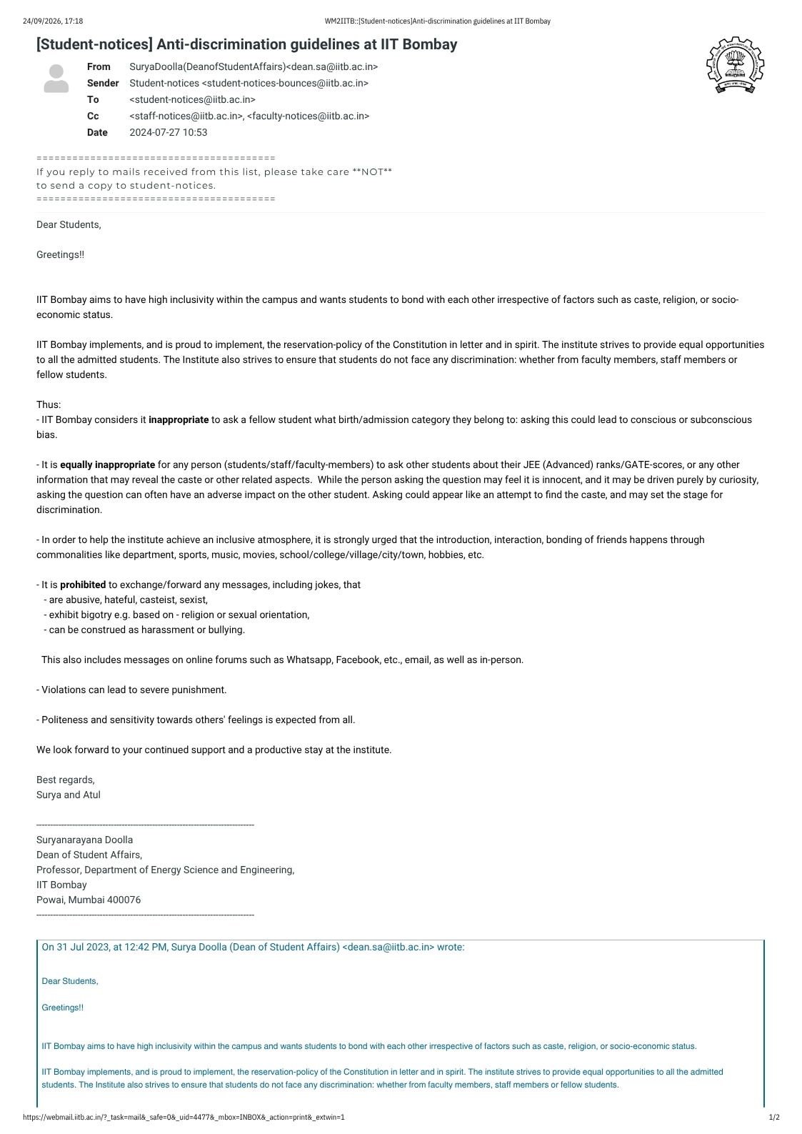 IIT Bombay's mail to students, faculty