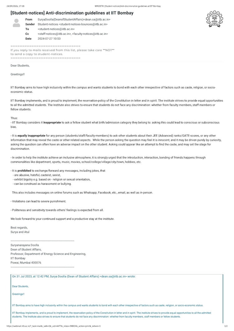 IIT Bombay's mail to students, faculty