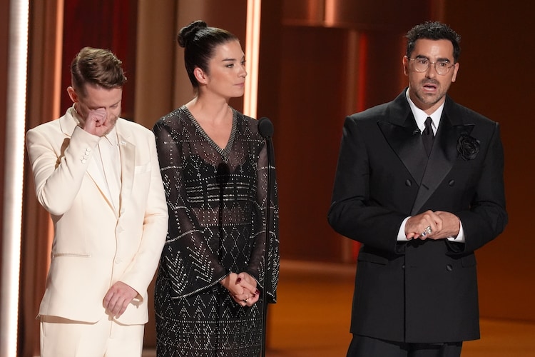 Macaulay Culkin, from left, Annie Murphy, and Dan Levy pay tribute to Catherine O'Hara during the 78th Emmy Awards on Monday, Sept. 14, 2026, at the Peacock Theater in Los Angeles. (AP Photo/Chris Pizzello)