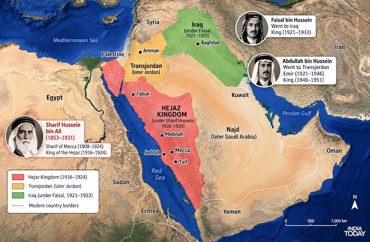 The map shows Hussein bin Ali's Hejaz Kingdom and the Hashemite realms that emerged under his sons Faisal in Iraq and Abdullah in Transjordan. (Author)