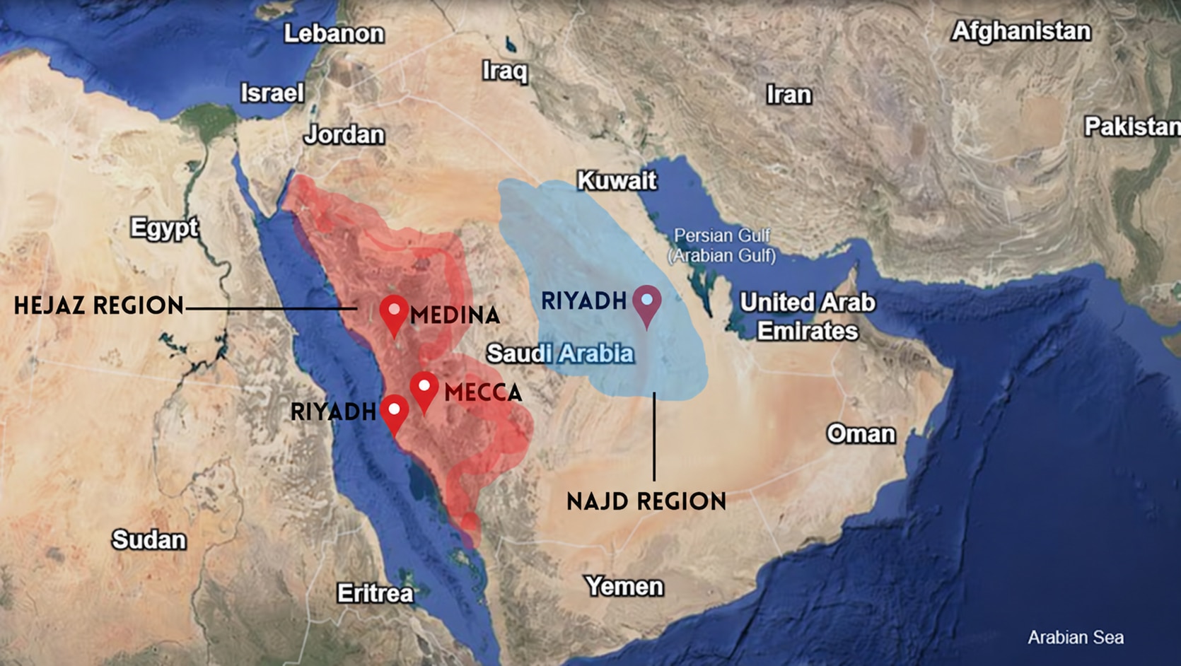 The map shows the Hejaz region along Saudi Arabia's Red Sea coast, home to Mecca and Medina, and Najd in central Arabia, the heartland of the House of Saud. (Author)