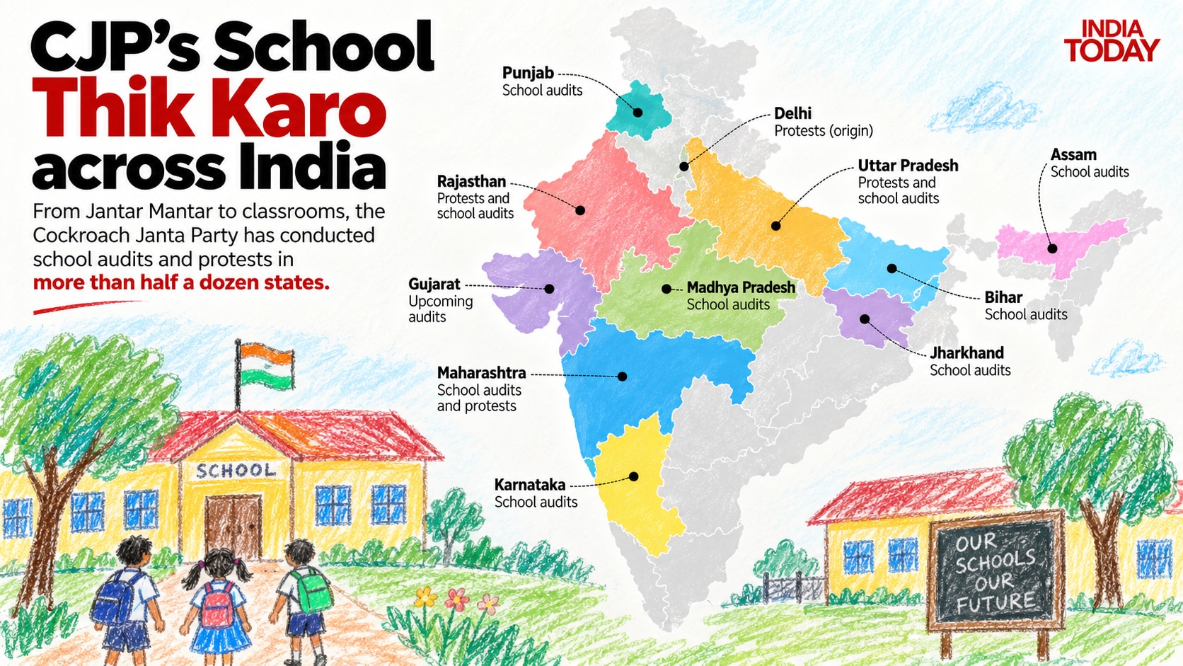 CJP plans to take its Adivasi School Thik Karo campaign to Gujarat after completing its Maharashtra leg. Map for representation only, not to scale. (Author/ India Today)