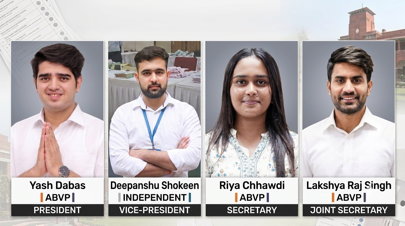 DUSU Election 2026, DUSU Results 2026, dusu election results, Delhi University student elections, Deepanshu Shokeen, Yash Dabas, Vijay Shankar Meena, ABVP, NSUI, Gen Z politics, student politics, CJP protest, Cockroach Janta Party, DU elections, Delhi University elections, Satya Niketan