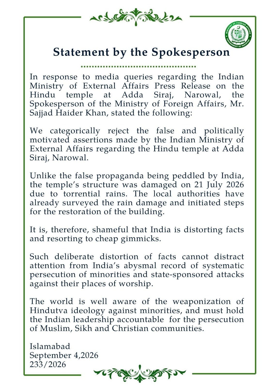 Pakistan denies century-old Hindu temple was deliberately razed. (Image: X/@ForeignOfficePk)