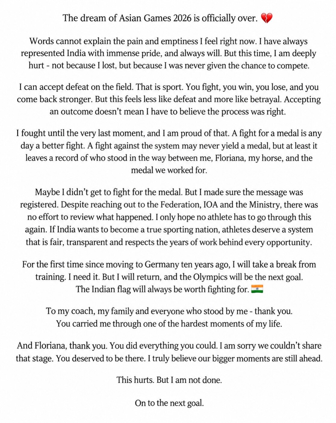 Full statement by Anush Agarwalla on his absence from Asian Games 2026. (Screengrab from Instagram/@anushagarwalla)