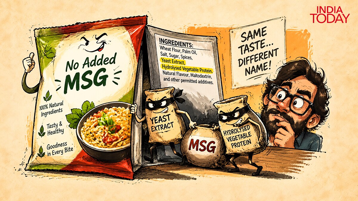 No added MSG gives a cheerful thumbs up at the front door while MSG slips in through the back, disguised as yeast extract and hydrolysed vegetable protein. Nobody checked the ingredients on the way in. (Photo: Vashu Sharma/India Today)