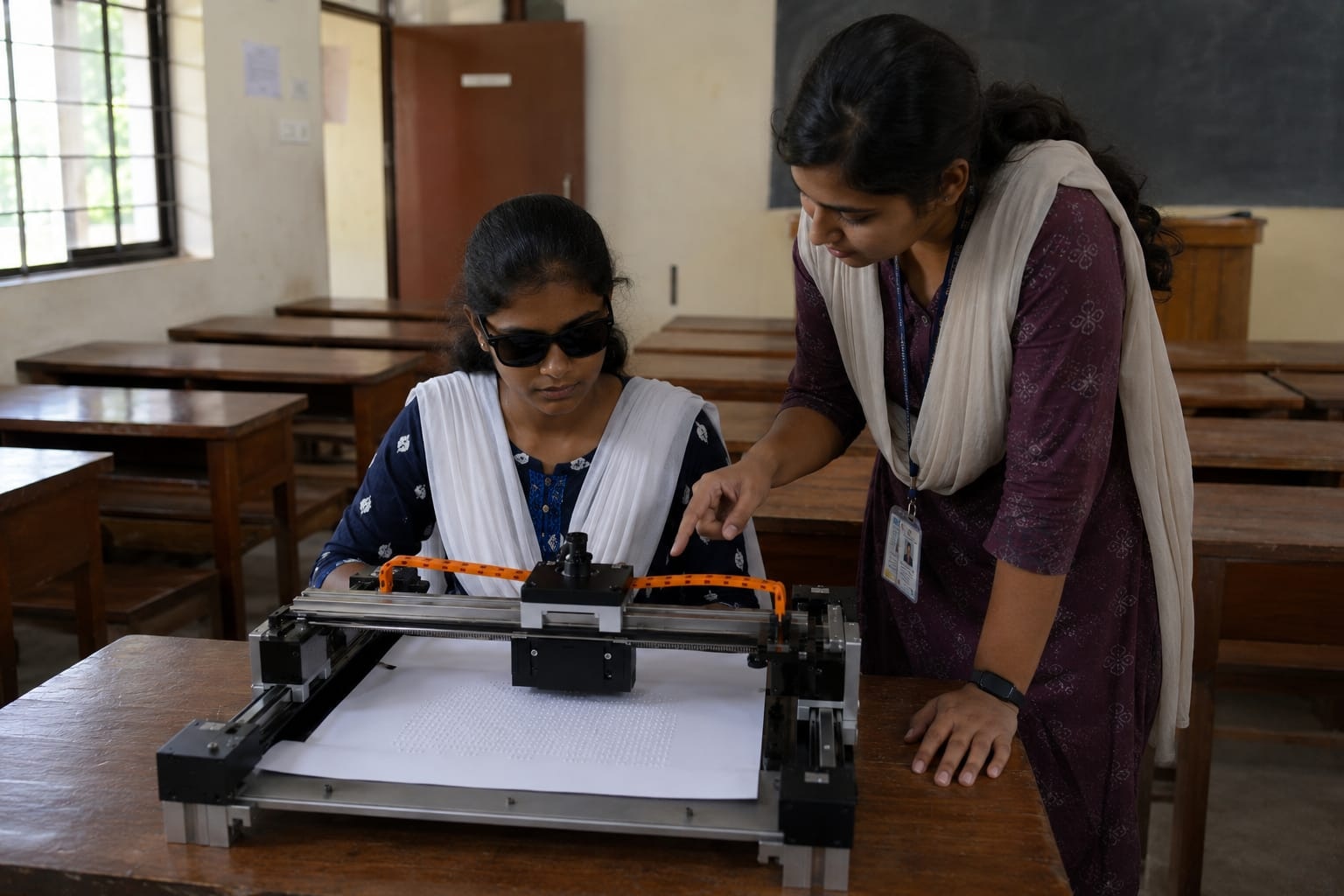 A visually impaired student accesses exam content independently using RUDHRA Braille Printer (Image: jamesdysonaward.org)