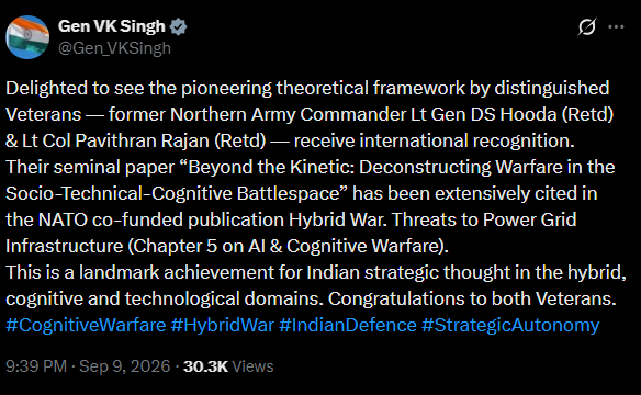 Former Army Chief General VK Singh calls paper by Indian Army veterans cited by Nato funded publication a landmark achievement. (Images: X/@Gen_VKSingh)