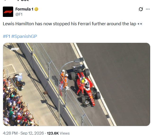 Hamilton was able to safely get out of the car after the crash. (Image: Screengrab from X/@F1)