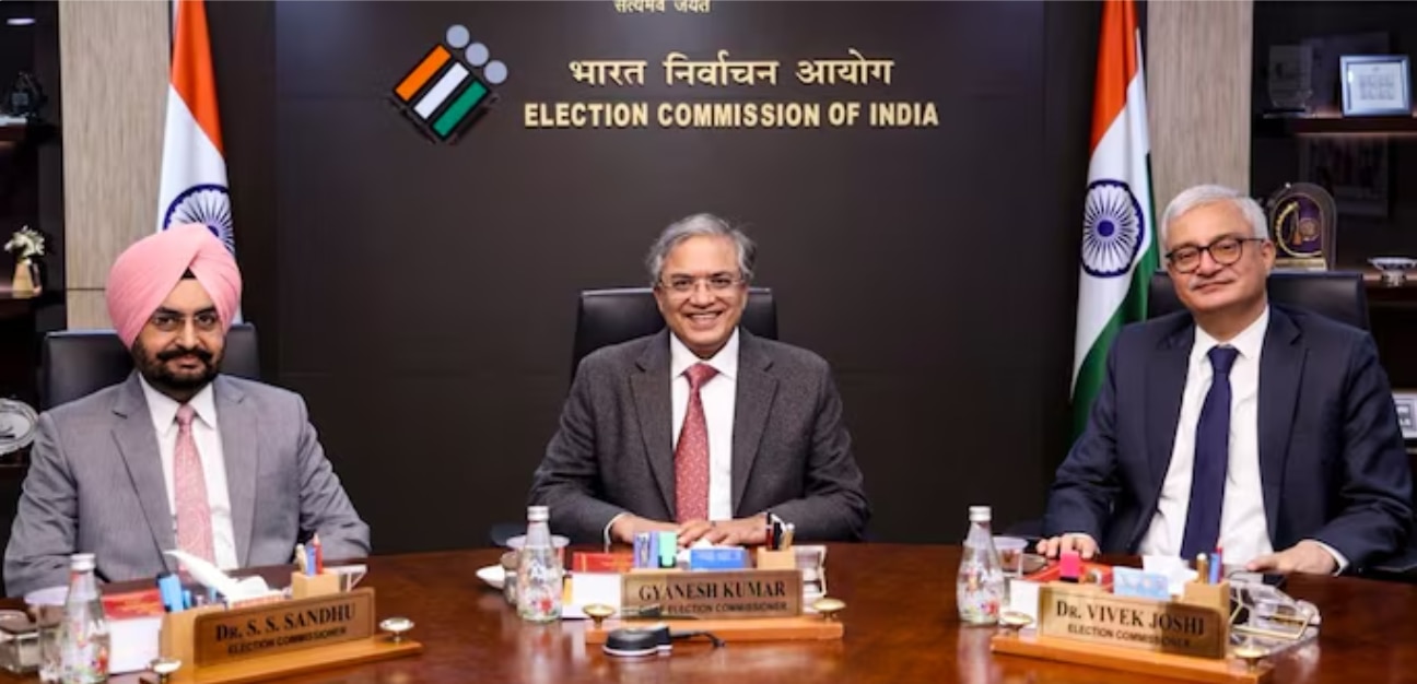 Chief Election Commissioner Gyanesh Kumar (C), with Election Commissioners SS Sandhu (L) and Vivek Joshi during a meeting with TMC delegation members in April. (Image: X/@ECISVEEP)
