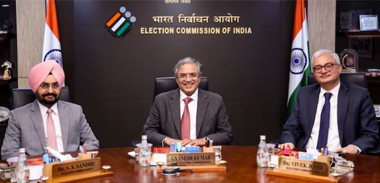 Chief Election Commissioner Gyanesh Kumar (C), with Election Commissioners SS Sandhu (L) and Vivek Joshi during a meeting with TMC delegation members in April. (Image: X/@ECISVEEP)