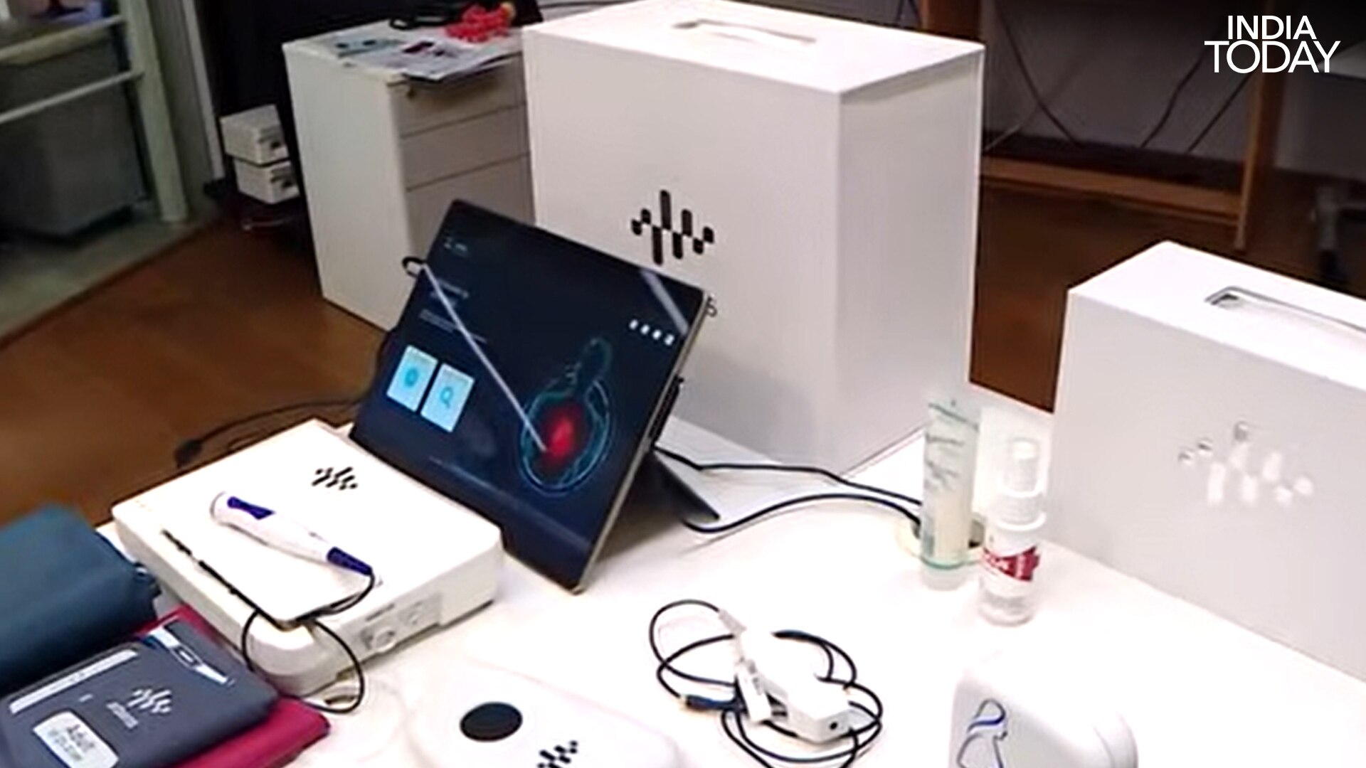 The ARTSENS kit developed at IIT Madras, a probe, cuffs and a tablet that together read the true age of a person's arteries in about five minutes. (Photo: Radifah Kabir/India Today)