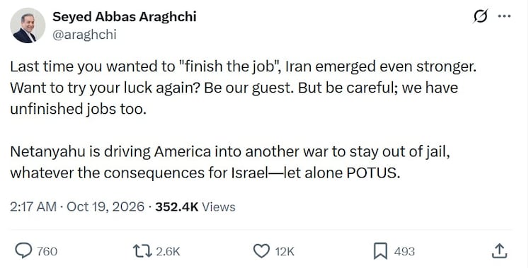 Want to try your luck again? Iran responds to Trump's finish the job threat 2 araghchi tweet