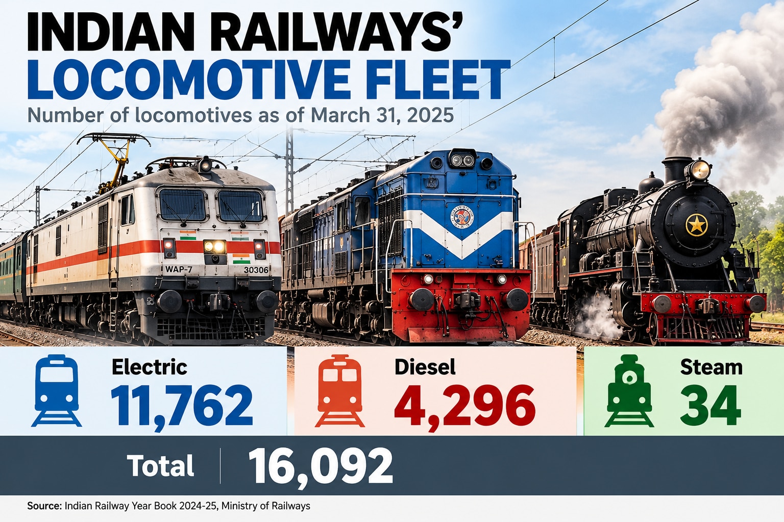 Indian Railways' locomotive fleet is now dominated by electric engines, though more than 4,000 diesel locomotives remain in service.