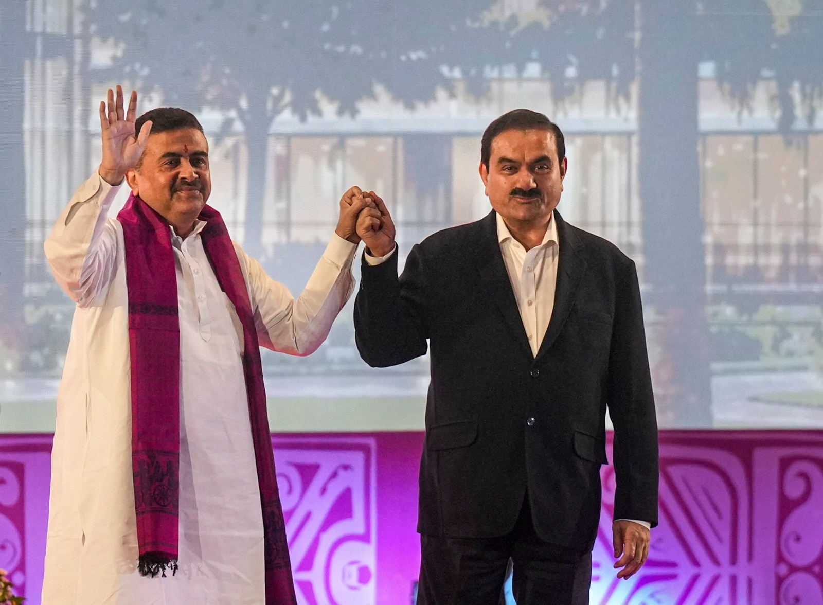 Suvendu Adhikari and Adani Group Chairman Gautam Adani during the foundation stone-laying ceremony of Adani Arogya Mandir, in Kolkata. (Image: PTI)