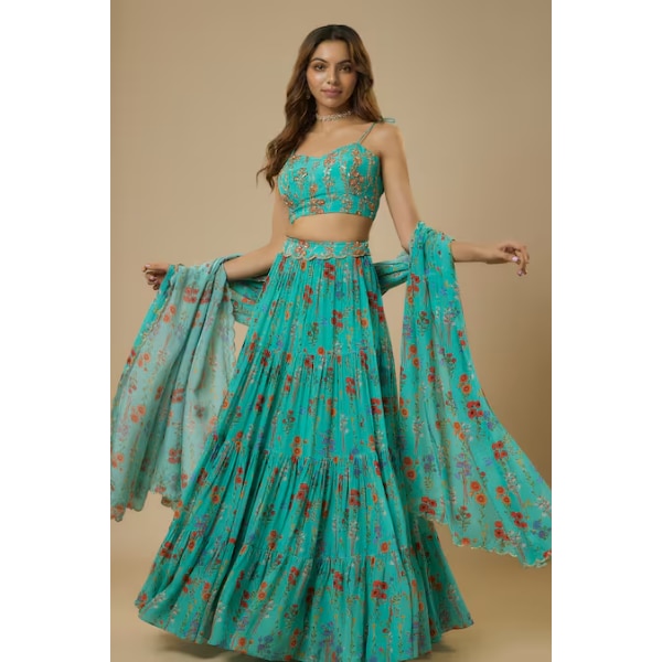 Ewoke Blue Crepe Beads, Sequins Sweetheart Neck Floral Print Tiered Lehenga Set, ₹22,990 https://akm-img-a-in.tosshub.com/lingo/brt/images/photo_gallery/202510/ewoke.png