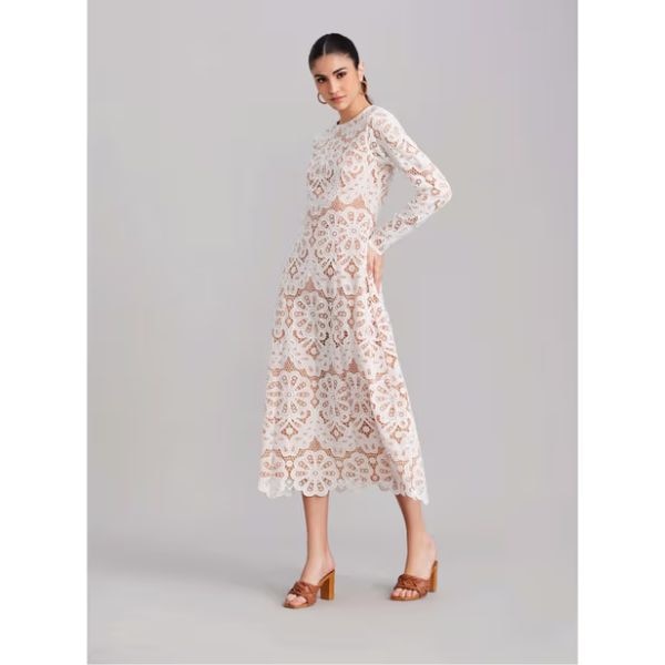 Zabella White & Beige Lace Midi Dress, ₹13,990