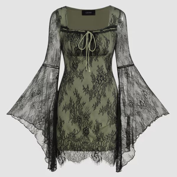 Cider Floral Knotted Lace Bell Sleeve Mini Dress, ₹4,899