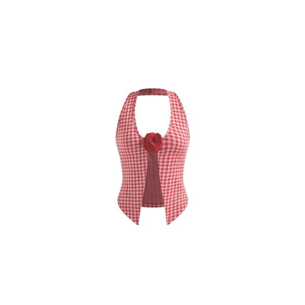 Cider Halter Neckline Gingham Rosette Tank Top, ₹2,800